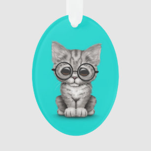 Cute Gray Tabby Kitten with Eye Glasses blue Ornament