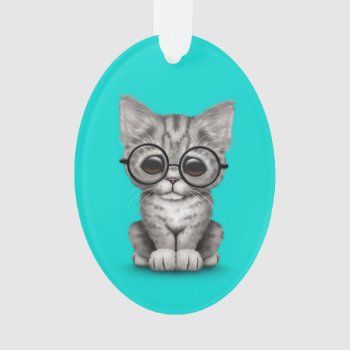 Cute Gray Tabby Kitten With Eye Glasses Blue Ornament by crazycreatures at Zazzle