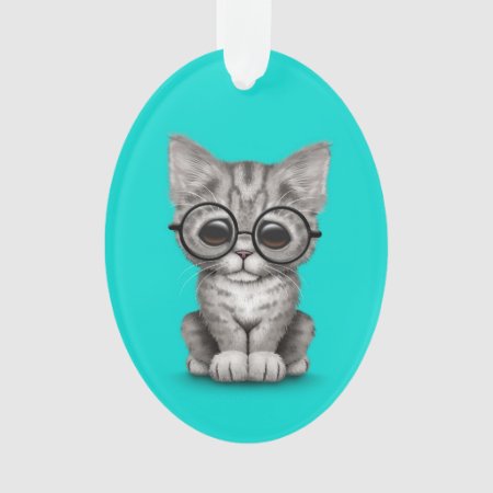 Cute Gray Tabby Kitten With Eye Glasses Blue Ornament
