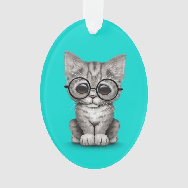 Cute Gray Tabby Kitten with Eye Glasses blue Ornament (Front)