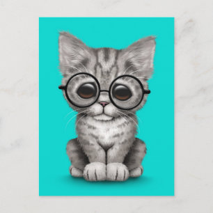 Cute Gray Tabby Kitten with Eye Glasses blue Postcard