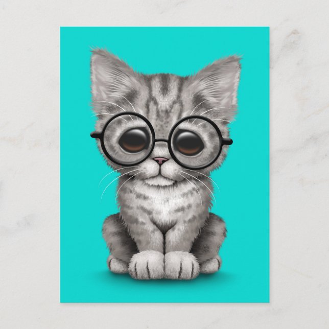 Cute Gray Tabby Kitten with Eye Glasses blue Postcard (Front)