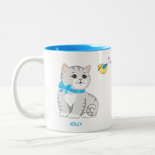 Cute Gray Tabby Kitty Cat  Little Bird Two_Tone Coffee Mug