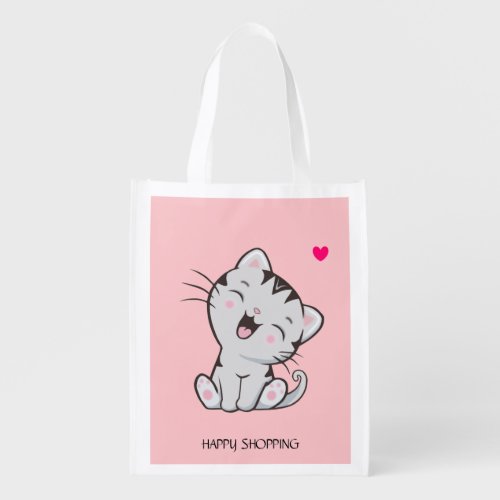 Cute Gray Tabby Kitty Cat on Light Pink Grocery Bag