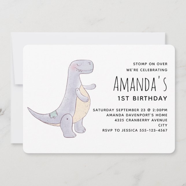 Cute Gray Tyrannosaurus Rex Dinosaur Toy Birthday Invitation (Front)