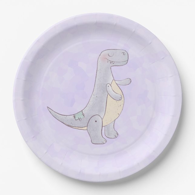 Cute Gray Tyrannosaurus Rex Dinosaur Toy Paper Plates (Front)