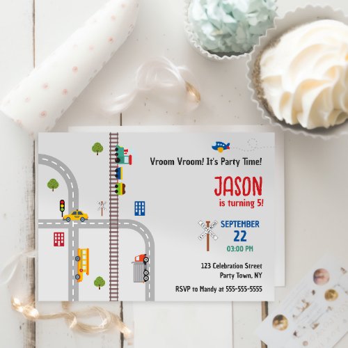 Cute Gray Urban Traffic Boys Birthday Invitation