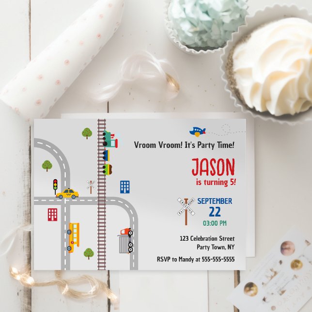 Cute Gray Urban Traffic Boys Birthday Invitation (Creator Uploaded)