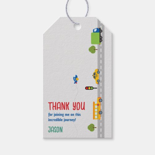 Cute Gray Urban Traffic Kids Birthday Party Gift Tags