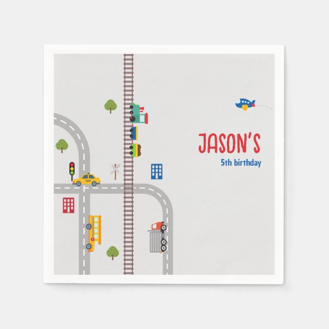 Cute Gray Urban Traffic Kid's Birthday Party Napkins (Front)