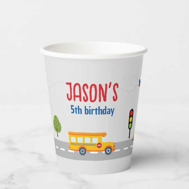 Cute Gray Urban Traffic Kid's Birthday Party Paper Cups (Front)