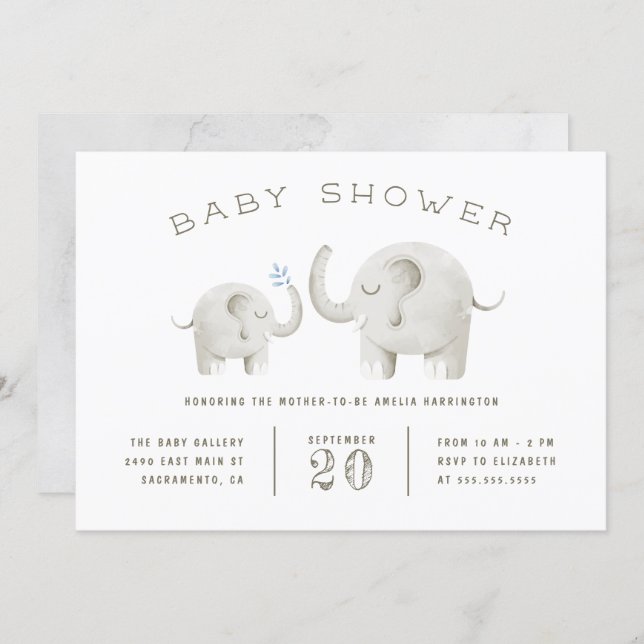 Cute Gray Watercolor Elephant Baby Shower Invitation (Front/Back)