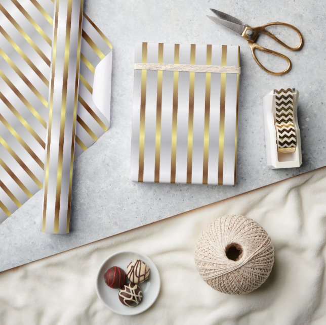 Cute Gray White And Gold Stripes Christmas Wrapping Paper (Crafts)