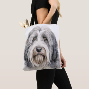 CUTE GRAY & WHITE BEARDED COLLIE DOG TOTE BAG