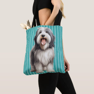 CUTE GRAY & WHITE BEARDED COLLIE DOG TOTE BAG