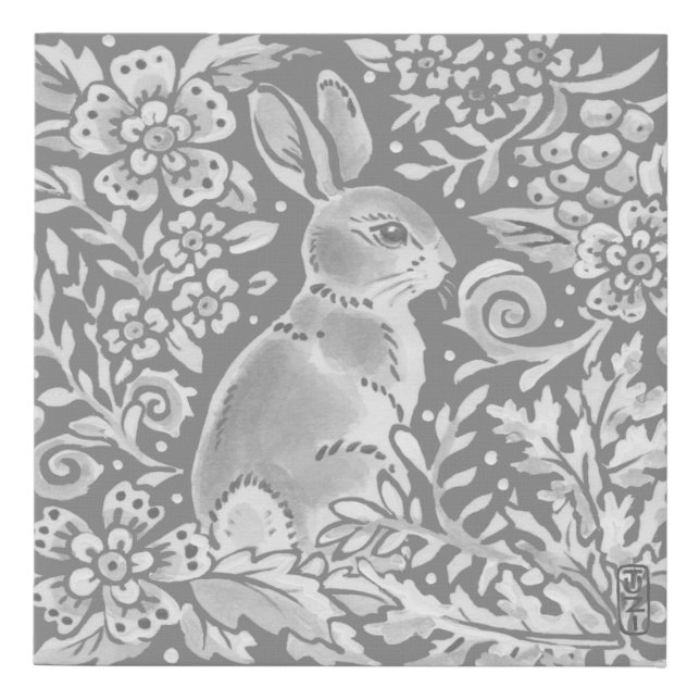 Cute Gray & White Bunny Rabbit Woodland Signed Faux Canvas Print (Front)