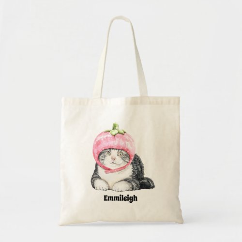 Cute Gray White Cat Pink Strawberry Hat Tote Bag