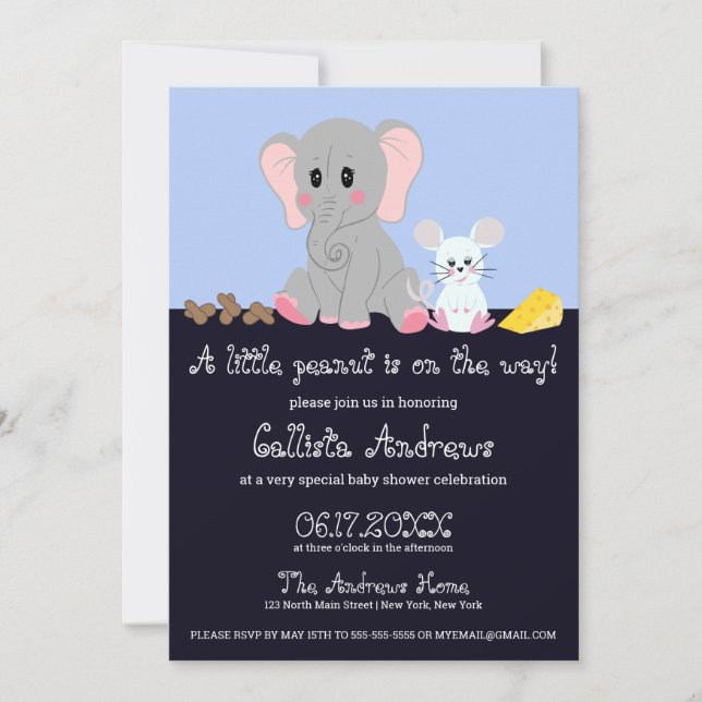 Cute Gray White Elephant Mouse Peanut Baby Shower Invitation (Front)
