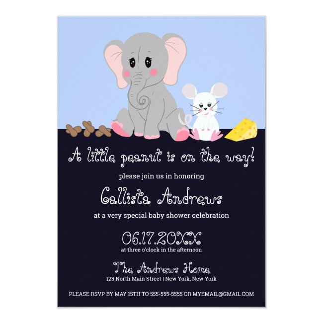 Cute Gray White Elephant Mouse Peanut Baby Shower Invitation