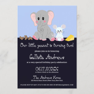 Cute Gray White Elephant Mouse Peanut Birthday Invitation