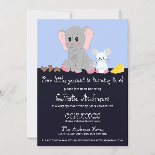 Cute Gray White Elephant Mouse Peanut Birthday Invitation