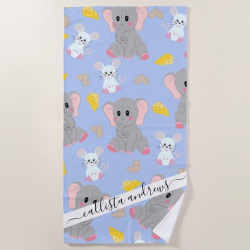 Cute Gray White Elephant Mouse Peanut Cheese Beach Towel