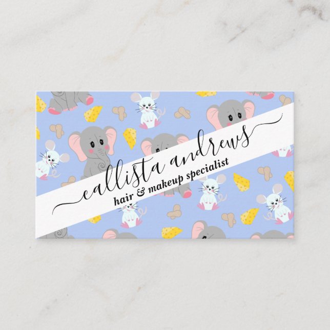 Cute Gray White Elephant Mouse Peanut Cheese Business Card (Front)