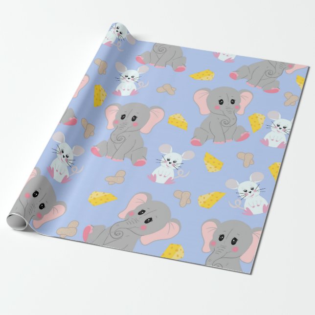 Cute Gray White Elephant Mouse Peanut Cheese Wrapping Paper (Unrolled)