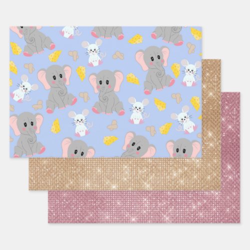 Cute Gray White Elephant Mouse Peanut Cheese Wrapping Paper Sheets