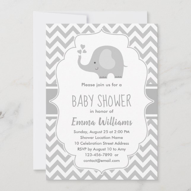 Cute Gray White Elephant | Neutral Baby Shower Invitation (Front)