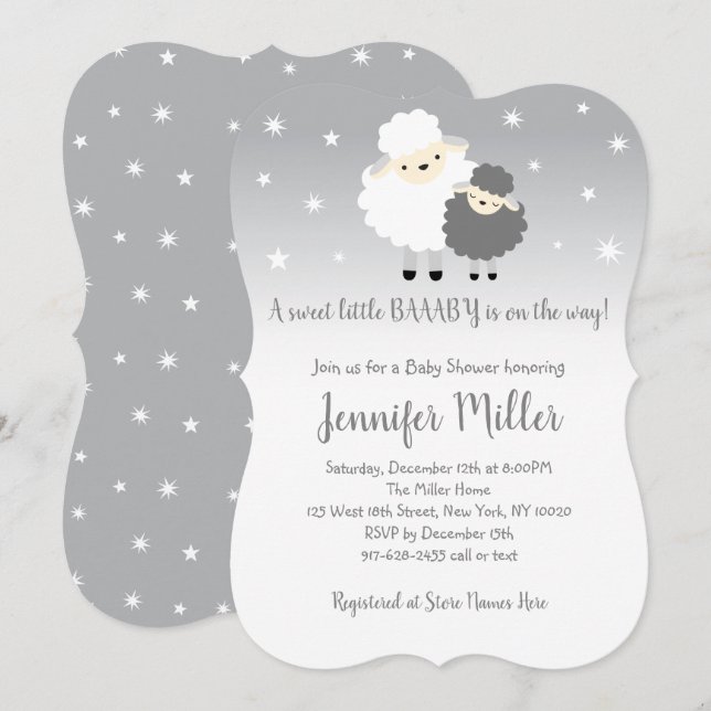 Cute Gray & White Lamb Baby Shower Invitation (Front/Back)