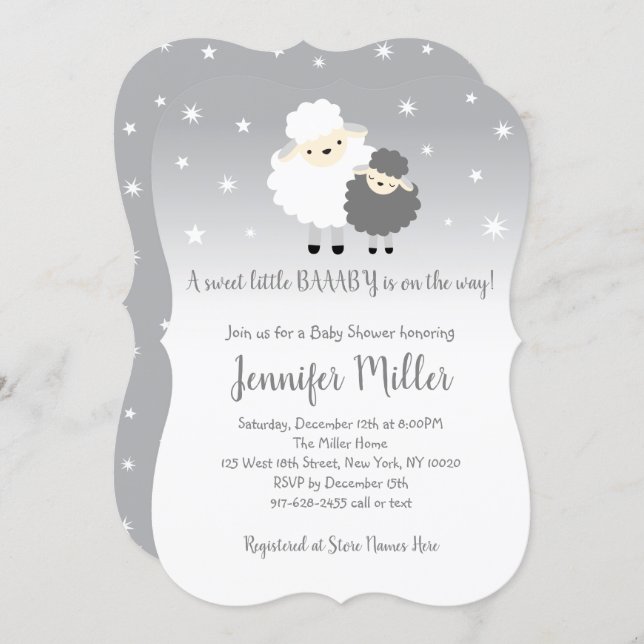 Cute Gray & White Lamb Baby Shower Invitation (Front/Back)