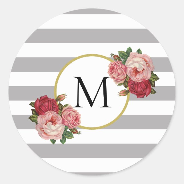 Cute Gray White Striped Retro Flowers Monogram Classic Round Sticker (Front)