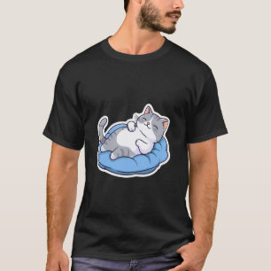 Cute Gray & White Tabby Tuxedo Cat Relaxing on Blu T-Shirt