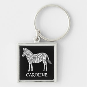 Cute gray white zebra animal print CUSTOM NAME Keychain