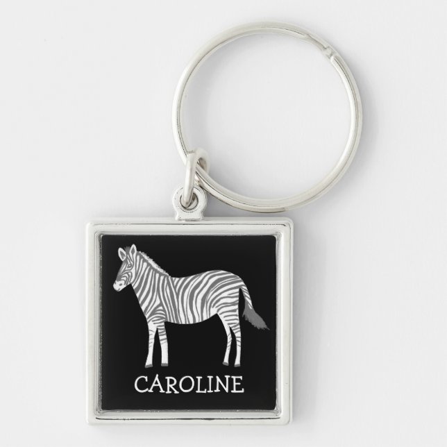 Cute gray white zebra animal print CUSTOM NAME Keychain (Front)