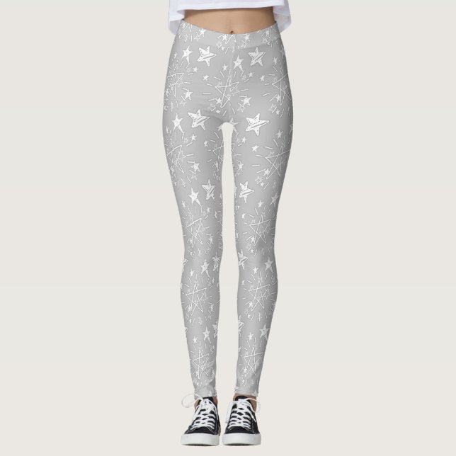 Cute Gray with White Stars Patterned Leggings (Front)