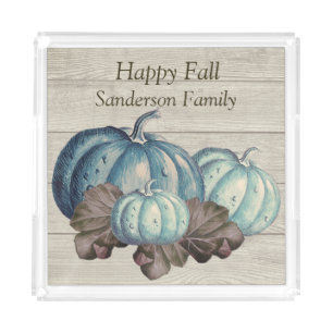 Cute Gray Wood Autumn Fall Blue Pumpkin Acrylic Tray