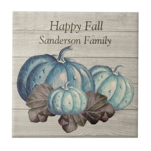 Cute  Gray Wood Autumn Fall  Blue Pumpkin  Ceramic Ceramic Tile