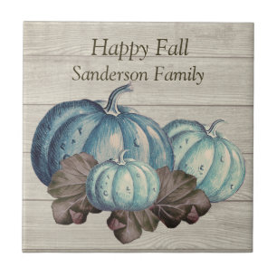 Cute Gray Wood Autumn Fall Blue Pumpkin Ceramic Tile