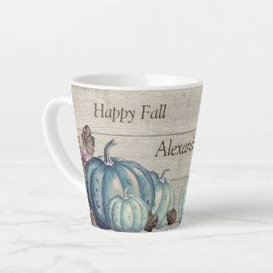 Cute Gray Wood Autumn Fall Blue Pumpkin Coffee M Latte Mug