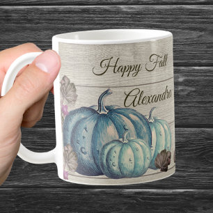 Cute Gray Wood Autumn Fall Blue Pumpkin Coffee Mug