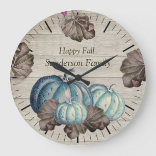 Cute  Gray Wood Autumn Fall  Blue Pumpkin  Large C Clock