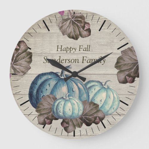Cute  Gray Wood Autumn Fall  Blue Pumpkin  Large C Large Clock