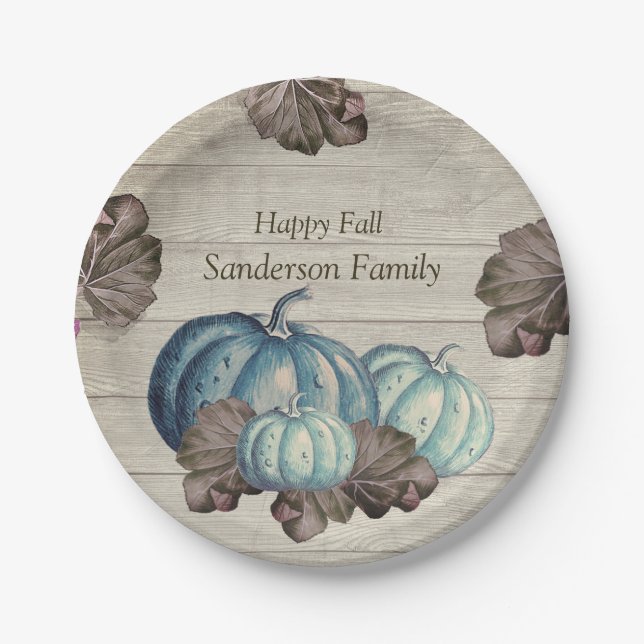 Cute  Gray Wood Autumn Fall  Blue Pumpkin  Paper P Plates (Front)