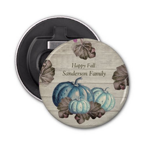 Cute  Gray Wood Autumn Fall  Blue Pumpkin  Round  Bottle Opener