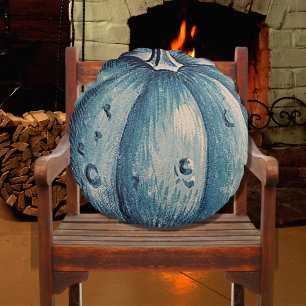 Cute Gray Wood Autumn Fall Blue Pumpkin Round Pillow