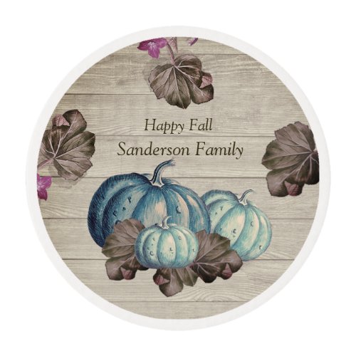 Cute  Gray Wood Autumn Fall  Blue Pumpkin Round Sh Edible Frosting Rounds