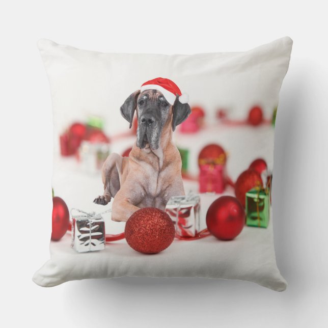 Cute Great Dane  Dog Christmas Santa Hat Throw Pillow (Front)