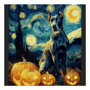 Cute Great Dane Dog Halloween Jack O Lantern Pumpk Poster